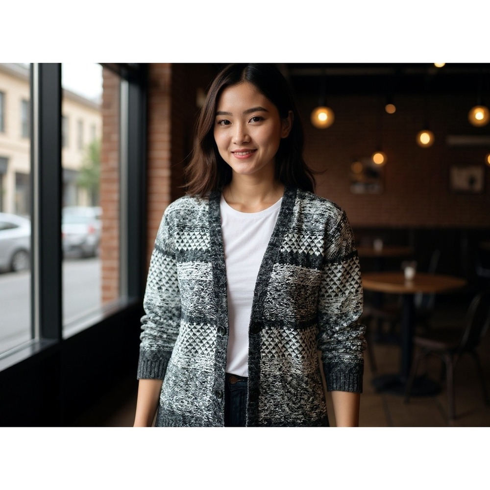 Abercrombie Fitch Womens Gray‎ Black White Knit Cardigan XS SGrunge preppy cozy